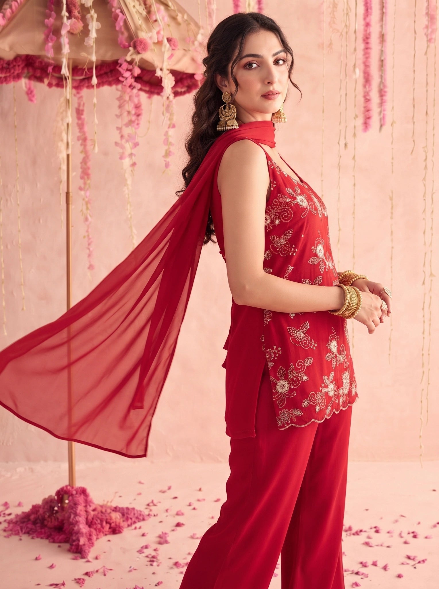 Red Palazzo Suit KU318 with dupatta